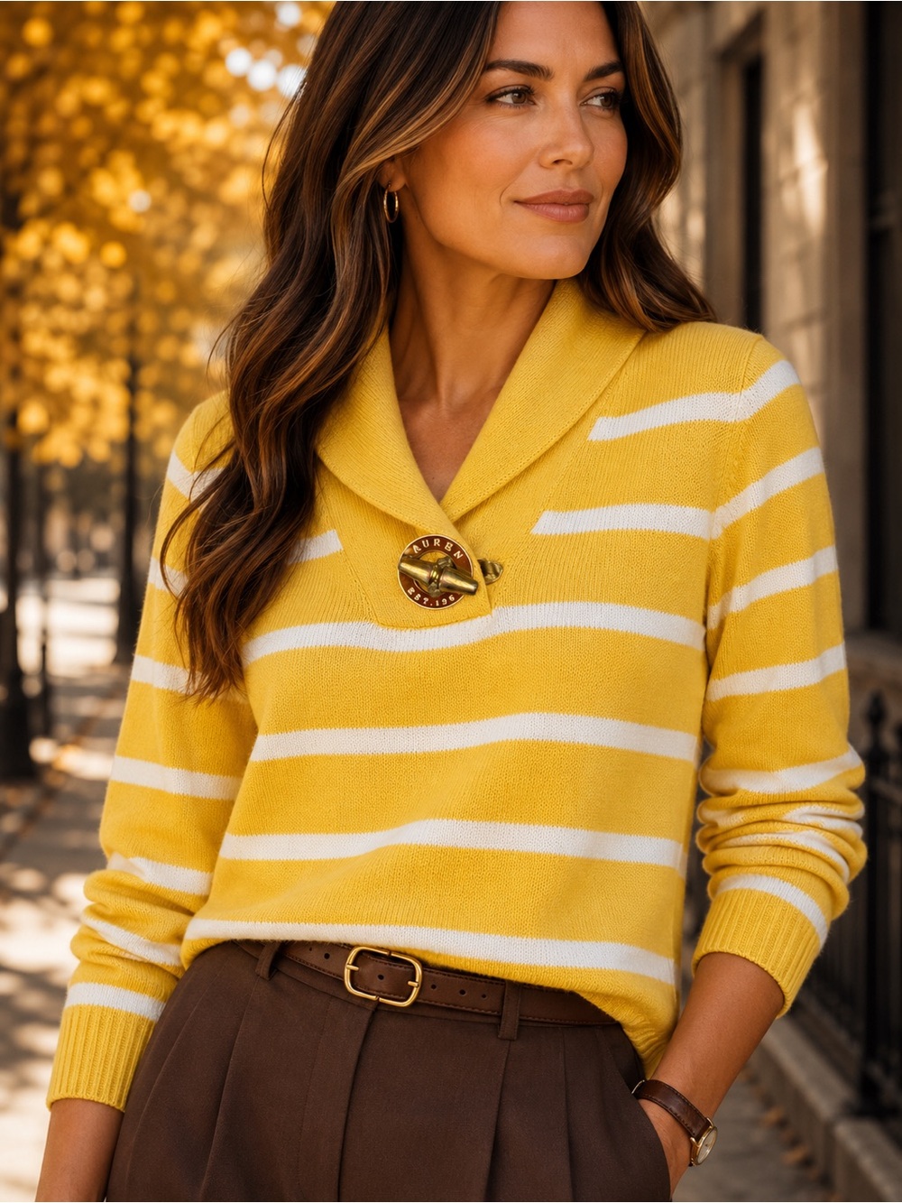 Lauren Ralph Lauren Yellow & White Striped Cotton Shawl Collar Sweater Size S